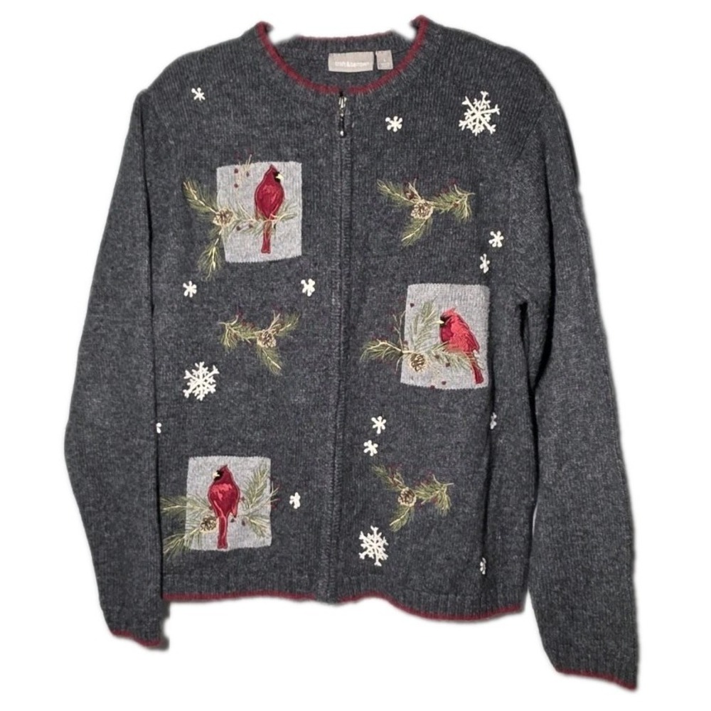 Croft & Barrow Sweater Womens Large Zip Front Embroidered Cardinals Snowflakes